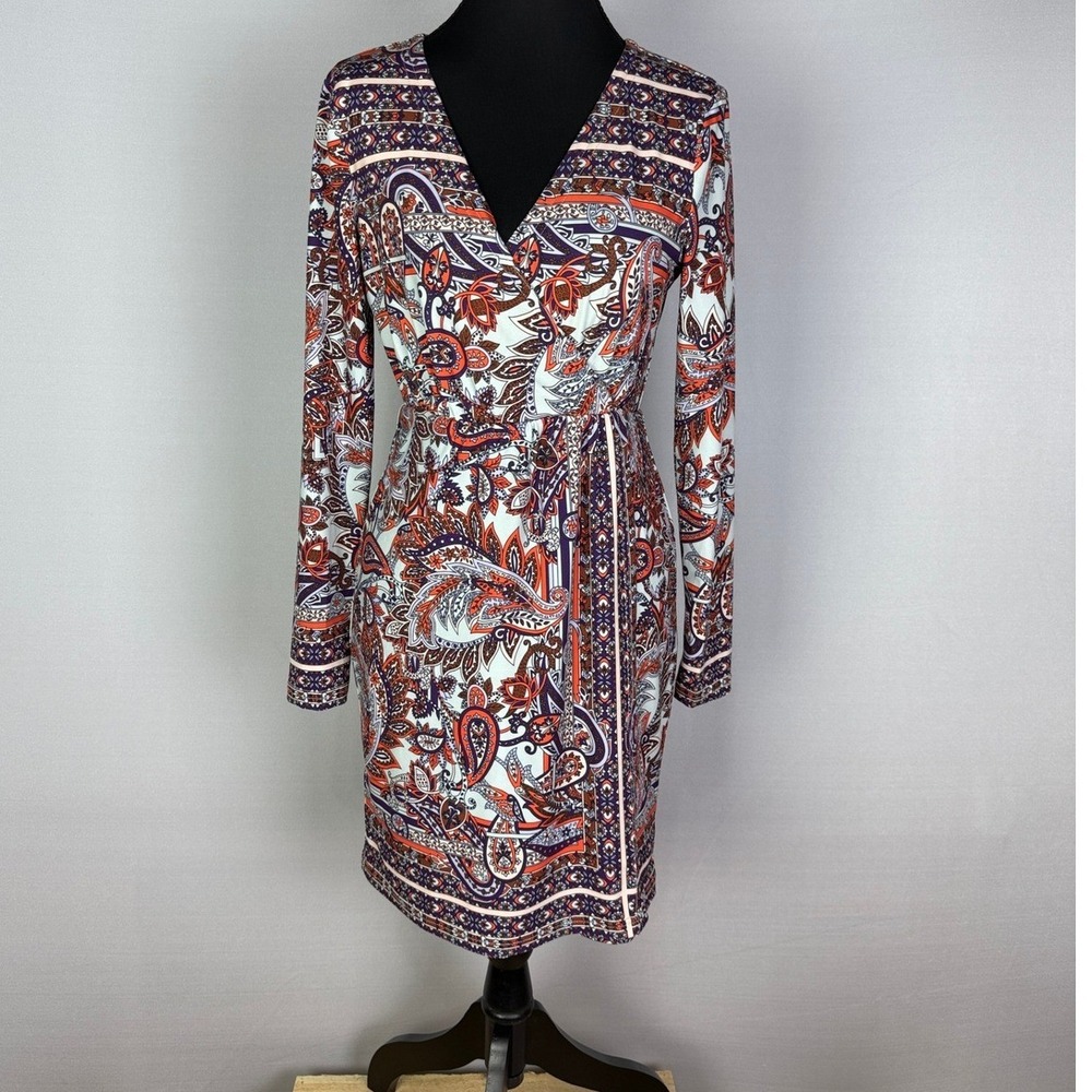 Gianni Bini Boho Paisley Wrap Dress V-Neck Long Sleeve Knee‎ Length Multicolor